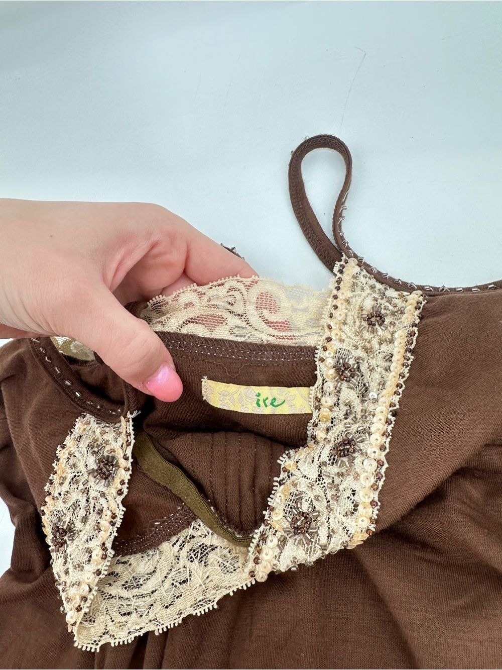 Y2K Brown Beaded Lace Trim Cami Tank Top Womens Small Boho Cottagecore - Picture 2 of 10